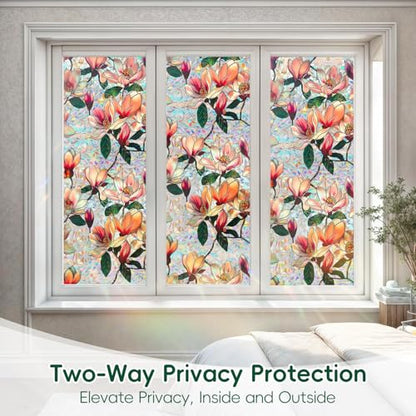 Window Privacy Film Decorative Stained Glass Window Film Rainbow Magnolia Floral Static Cling Non
