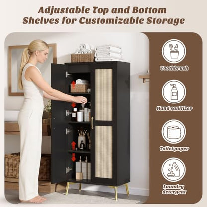 Tall Bathroom Storage Cabinet 57" Rattan Pantry Cabinet