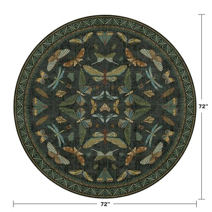 Dark Green Insect 6ft Round Washable Area Rug for Living Room (36 Sq Ft)