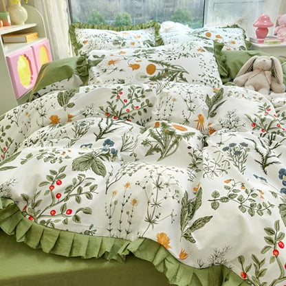 Green Floral Comforter Set King Romantic Ruffle Comforter Vintage Botanical Flowers Comforter with 2 Pillowcases Boho Floral Lace Coquette Bedding Fluffy Comfy Farmhouse King Bed Comforter Set