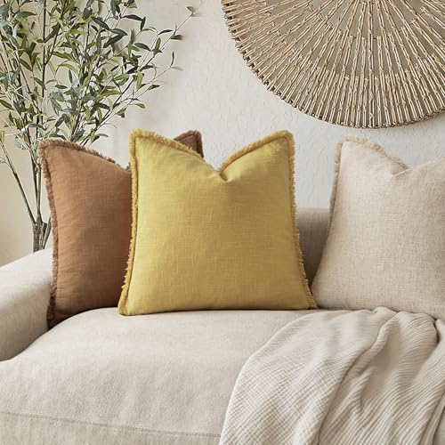 Decorative Linen Fringe Throw Pillow Covers 18×18 Ginger Yellow (2 Count)