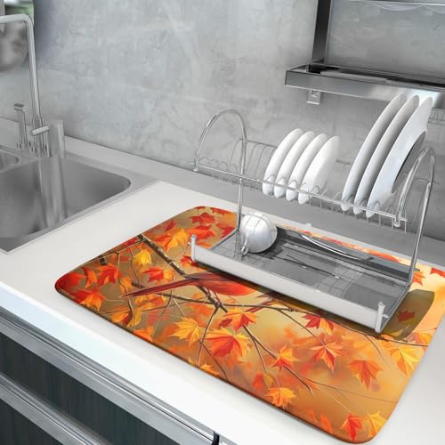 Fall Dish Drying Mat for Kitchen Counter Cardinal Maple Leaves Super Absorbent Reversible Microfiber Kitchen Countertop Protector Dishes Pad Large 18x24 inch