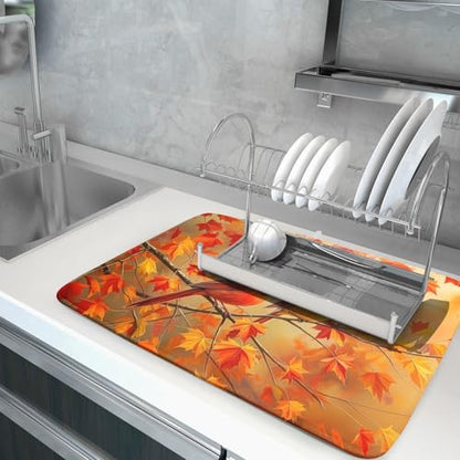 Fall Dish Drying Mat for Kitchen Counter Cardinal Maple Leaves Super Absorbent Reversible Microfiber Kitchen Countertop Protector Dishes Pad Large 18x24 inch