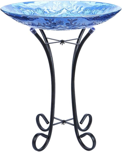 MUMTOP Outdoor Glass Birdbath with Metal Stand for Lawn Yard Garden Decor,18” Dia/21.65 Height