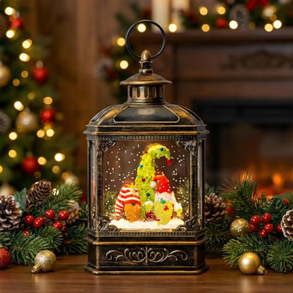 Musical Snow Globe Lantern Lighted Whimsical Christmas Tree & Gnomes Scandinavian Santa Elf Water Lantern with Swirling Glittering Home Decoration and Gift