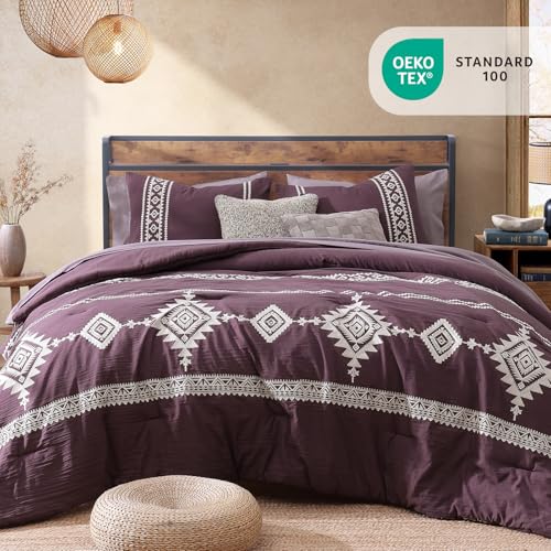 Embroidery Queen Comforter Set 7 Pieces Purple Western Bed in a Bag