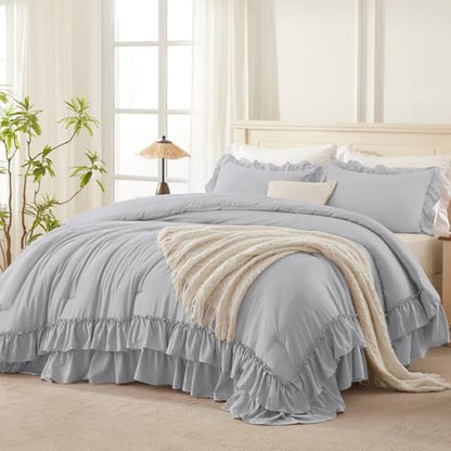 Silver Gray Ruffle Comforter Set King