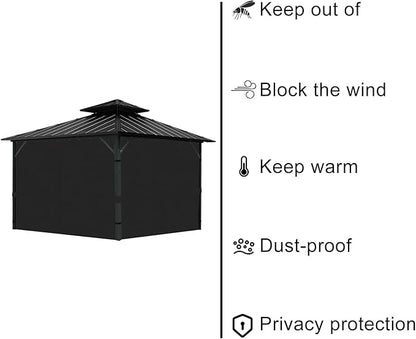 Gazebo Universal Replacement Privacy Curtain, 10'X10' Gazebo Curtains Outdoor Waterproof, 4-Panels Sidewall with Zipper for Patio, Garden and Backyard (Only Curtains, 10'X10', Black)