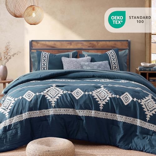 Embroidery Full Size Comforter Set 7 Pieces Navy Blue Bed in a Bag (7 Piece Set)