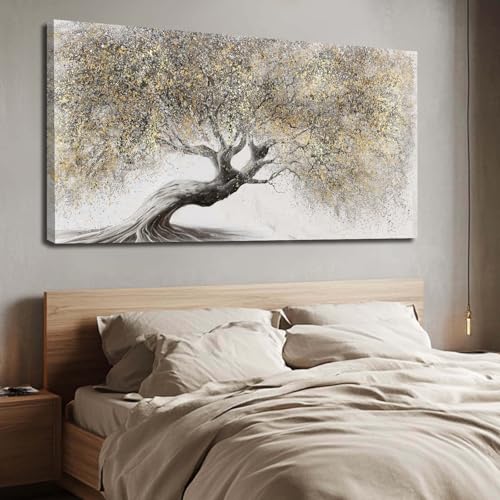 Gold Wall Art Canvas Wall Pictures Large Artwork Landscape Painting Photo Prints Wall Decorations Tree Wall Decor for Living Room Dining Room 29"x58"