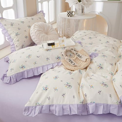 Ruffle Comforter Set Queen Vintage Purple Floral Bedding Comforter 3 Pieces Coquette Bedding Flowers Cottagecore Comforter Set with 2 Pillowcases Fluffy Soft Aesthetic Flower Bedding Set with Lace