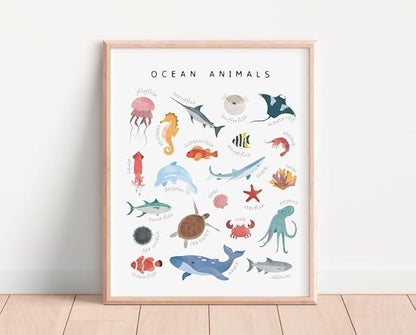 OZCONO Ocean Animals Learning Poster, Vibrant Sea Life Chart Kids, Preschool Wall Decor Art, Homeschool Education Guide (Unframed) (9x11)