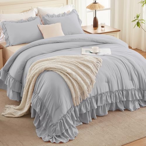 Silver Gray Ruffle Comforter Set King