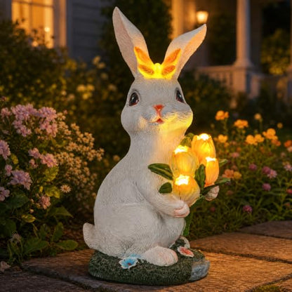 Solar Rabbit Statue Waterproof LED Flower Bouquet Garden Decor