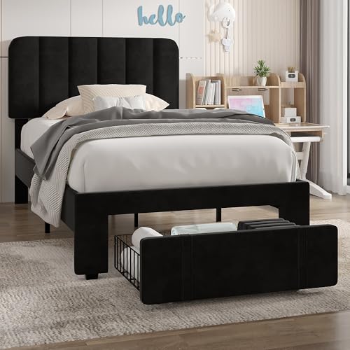 Twin Size Upholstered Bed Frame with Drawer and Headboard