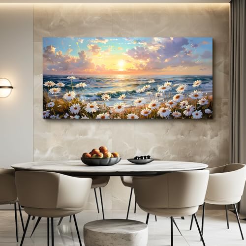 Large Canvas Wall Art For Living Room Bedroom Wall Decor Office Beach With Waves Landscape Painting White Flowers Painting Bathroom Dining Room Artwork Picture Home Decoration 20x40 In