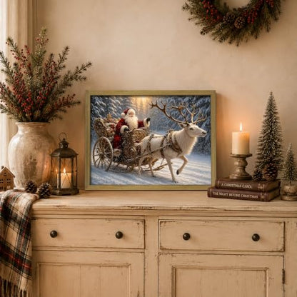Wood Framed Vintage Santa Claus Sleigh Wall Art