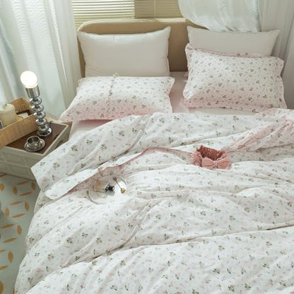 Garden Pink Floral Comforter Set Queen Size Vintage Boho Floral Bedding Comforter Queen with 2 Pillowcases Fluffy Soft All Seasons Bedding Set Cottagecore Flowers Botanical Comforter Set