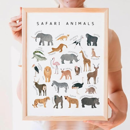 OZCONO Safari Animals Poster, Educational Jungle Chart for Kids, Playful Nursery Wall Decor, Montessori Learning, Homeschool Wildlife (Unframed) (27x40)