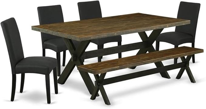 East West Furniture X677DR124-6 6 Piece Dining Set Contains a Rectangle Dining Room Table with X-Legs and 4 Black Color Linen Fabric Upholstered Chairs with a Bench, 40x72 Inch, Multi-Color