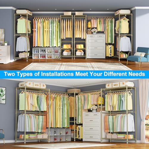 E10L L Shaped Clothes Rack for Corner（With Expandable Hanger Rod）Heavy Duty Freestanding Clothing Racks for Hanging Clothes