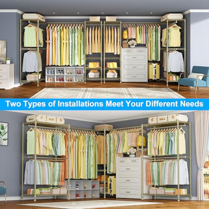E10L L Shaped Clothes Rack for Corner（With Expandable Hanger Rod）Heavy Duty Freestanding Clothing Racks for Hanging Clothes
