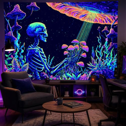 Blacklight Tapestry Skeleton UFO Glow Backdrop 78 x 59 Inch
