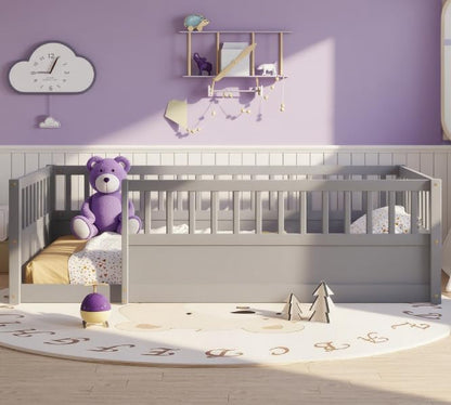 Bellemave Twin Size Floor Bed with high Rails for Kids, Girls, Boys, Wood Montessori Floor Bed Without Door, Gray