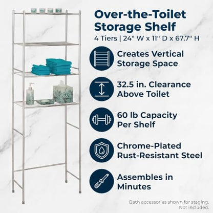 Over-the-Toilet Bathroom Storage Shelf, Steel, Chrome, 4-Tier
