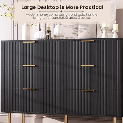 47.2" Fluted Black 6 Drawer Dresser for Bedroom with Deep Drawer