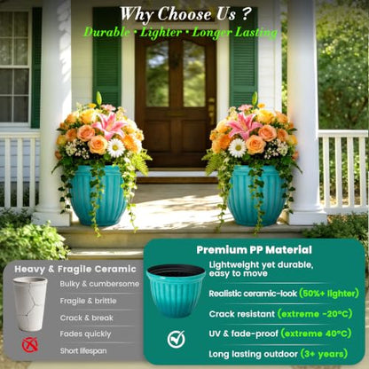 Autodaya 15" Large Planters For Outdoor Plants Set Of 2 Plastic Flower Pots (2 Count)
