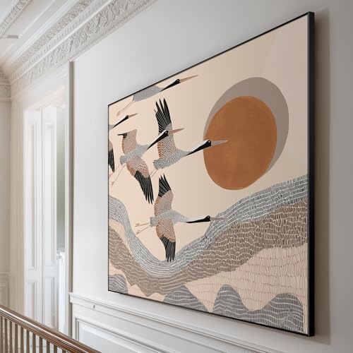 60"x72" Extra Large Framed Wall Art Flying Cranes Over Sunlit Hills Illustration for Home Living Room Bedroom Decor