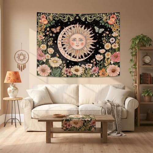 Boho Vintage Sun and Moon Hippie Floral Tapestry 60x44 Inch