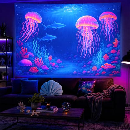 Blacklight Tapestry Jellyfish Shark Wall Art 78 x 59 Inch