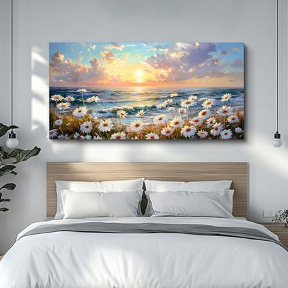 Large Canvas Wall Art For Living Room Bedroom Wall Decor Office Beach With Waves Landscape Painting White Flowers Painting Bathroom Dining Room Artwork Picture Home Decoration 20x40 In