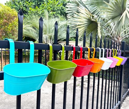 8 Pack 12" Colorful Metal Railing Planters with Hooks for Outdoor Fence (8 Count)