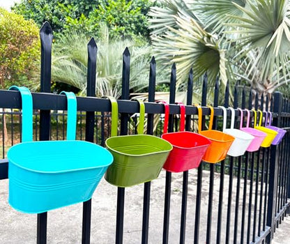 8 Pack 12" Colorful Metal Railing Planters with Hooks for Outdoor Fence (8 Count)