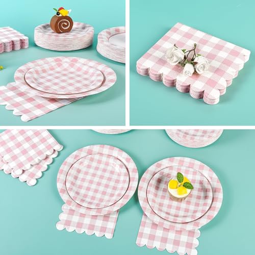 150 Pcs Pink Gingham Paper Plates and Napkins (150 Count)