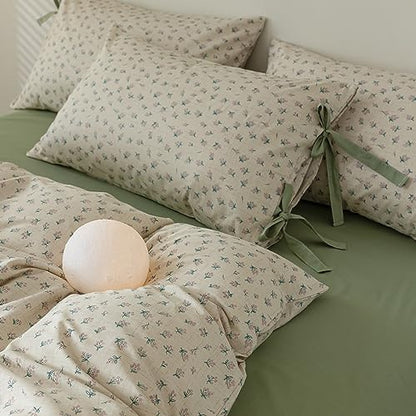 Green Floral Comforter Set Queen Vintage Coquette Bedding Comforter for Girl Women Floral Botanical Comforter with 2 Bow Ties Pillowcases Cottagecore Bedding Flowers Comforter Set Queen Size