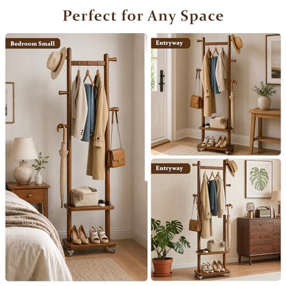 Small Clothes Rack Solid Wood Coat Rack Freestanding with Wheels