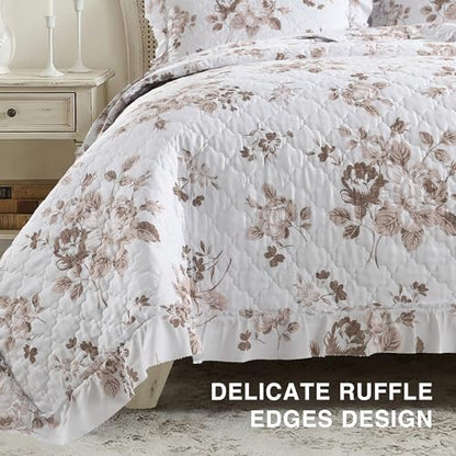 Khaki Ruffled Quilt Queen Size with 2 Pillow Shams