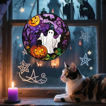 Stained Glass Window Hanging Halloween White Ghost Black Bat 6.3"