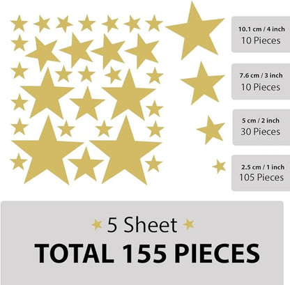 155 Pcs Gold Star Wall Decals - Decorative Stickers for Nursery, Kids Room, Bedroom (1-4 Inch, Mix Sizes)