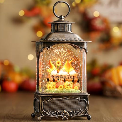 Fall Snow Globe Lantern Gnome Snow Globe Fall Decorations for Home Autumn Harvest Decor with Timer