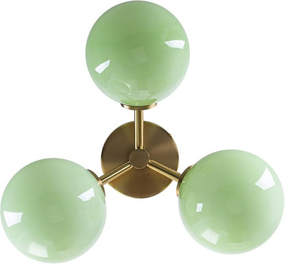 Green Semi Flush Mount Ceiling Light Fixture, 3 Light Opal Glass Globe Mid