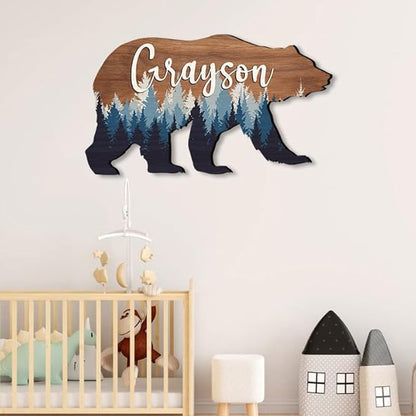 Personalized Baby name signs for nursery, for kids room Bear wooden nursery decor, Woodland animal decor, Baby boy forest themed gift/6