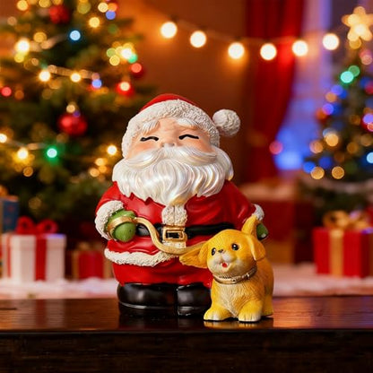 Christmas Santa Claus Figurine Xmas Table Ornaments Funny Statue Artificial Stone Material Sculpture Claus Walking a Dog Statue Christmas Decor for Birthday Party Gift Winter Home Holiday Decor