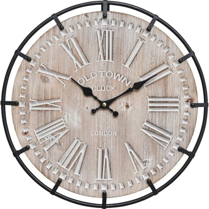 12 Inch Farmhouse Wall Clock Rustic Antique Wood with Metal Circle and Large Engraved Numerals