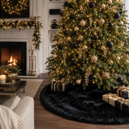 24 Inch Faux Fur Christmas Tree Skirt Black Plush Skirt for Merry Christmas Party Christmas Tree Decoration