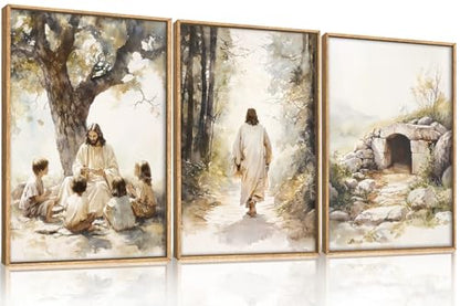 Large Jesus Teaching Children on Path Framed Canvas Wall Art (3 Count)
